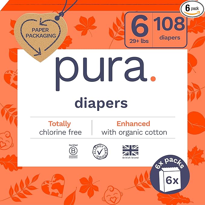 Pura Size 6 Eco-Friendly Diapers Totally Chlorine Free, Hypoallergenic by MyPura