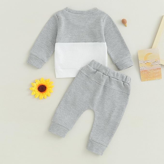 Toddler Baby Boy Fall Clothes Waffle Outfit Long Sleeve Color Blocking - Image 7