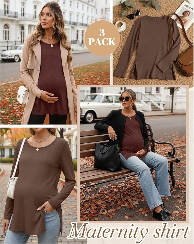 Riyiper 3 Pack Women's Maternity Long Sleeve T-Shirts Round Neck Side Split - Image 4