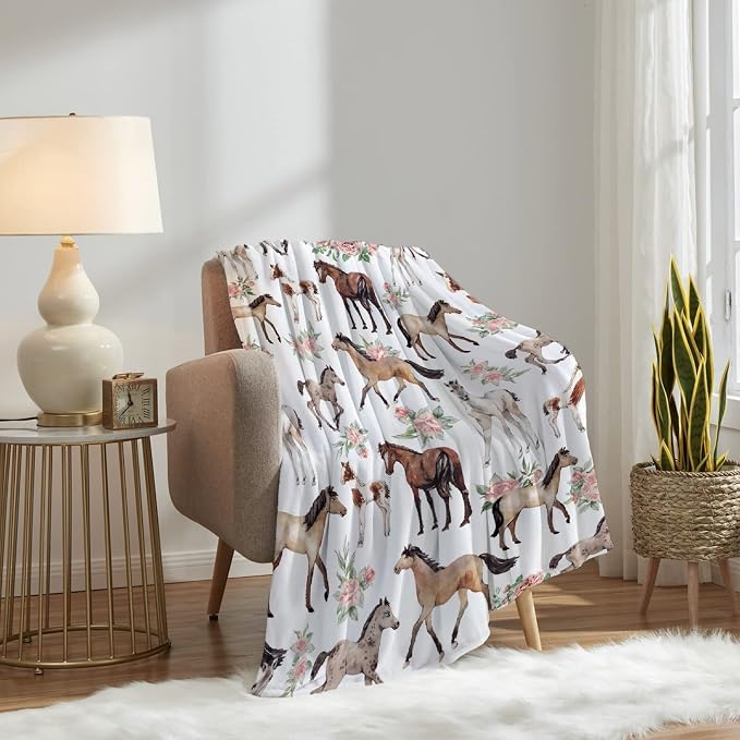 Horse Rose Throw Blanket for Women Men Flowers Blanket Gifts for Adults Cute - Image 7