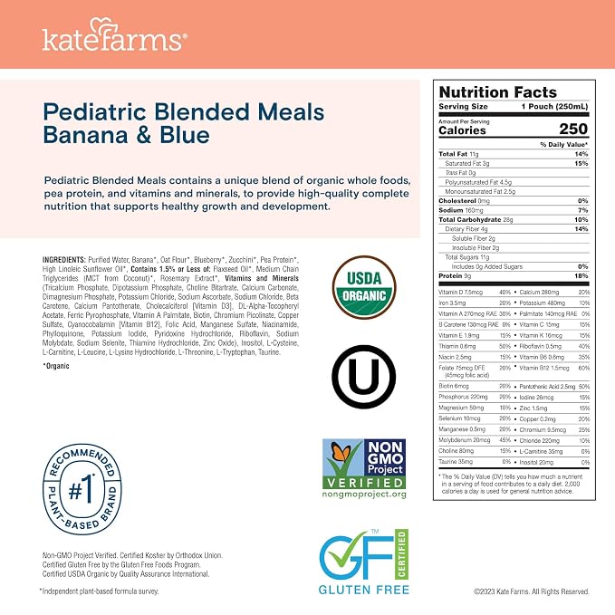 KATE FARMS Organic Pediatric Blended Meal, Bananas and Blueberries, 8g protein - Image 2