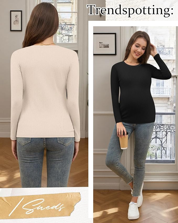 Riyiper 3 Pack Women's Maternity Shirts Long Sleeve Ribbed Knit Pregnancy Tees - Image 4