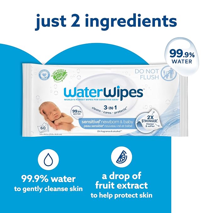 WaterWipes Sensitive+ Newborn & Baby Wipes, 3-In-1 Cleans, 99.9% Water - Image 3