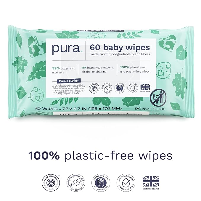 Pura Natural Sensitive Baby Wipes, 99% Water, Unscented & Hypoallergenic - Image 2
