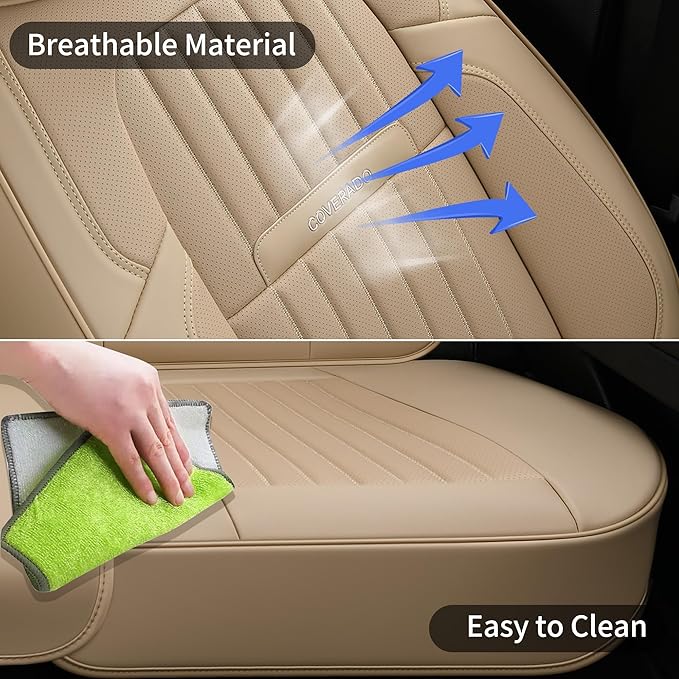 Coverado Beige Nappa Leather Car Seat Covers, Universal Fit Front Seats - Image 5