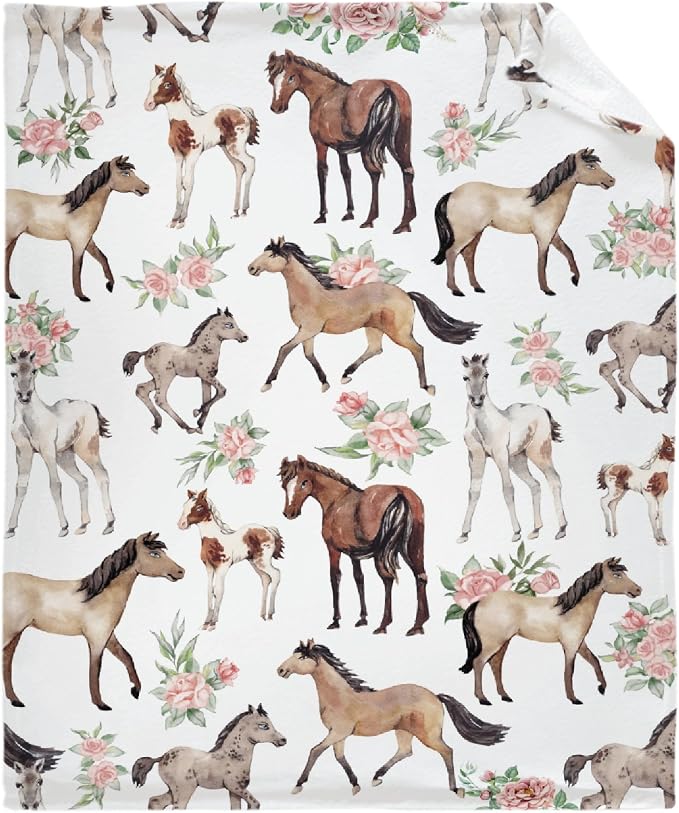 Horse Rose Throw Blanket for Women Men Flowers Blanket Gifts for Adults Cute - Image 2