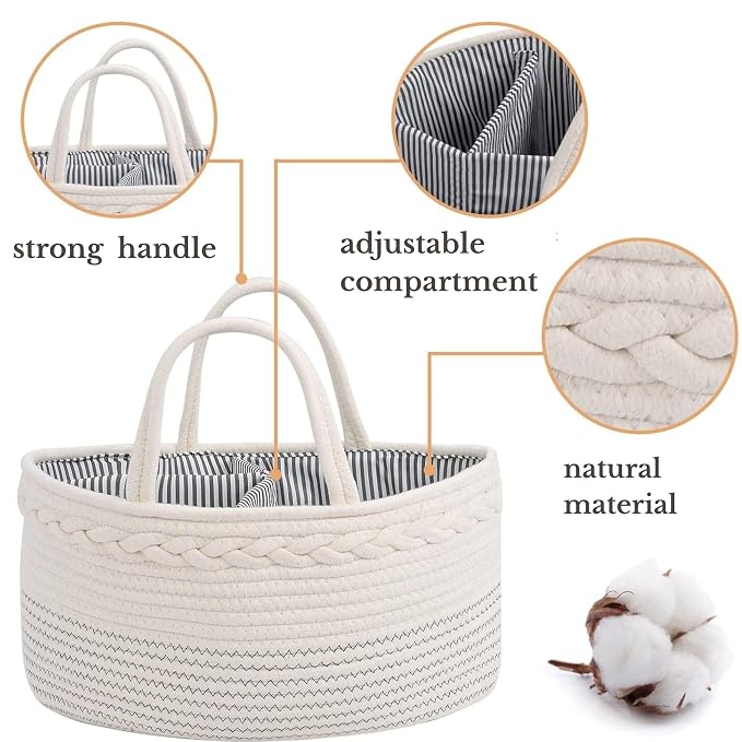 luxury little Diaper Caddy Organizer, Large Cotton Rope Nursery Baby Basket - Image 5