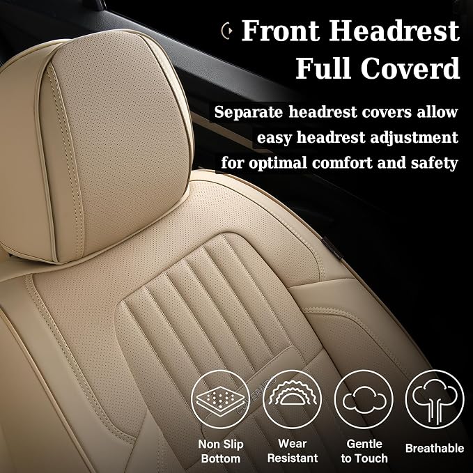 Coverado Beige Nappa Leather Car Seat Covers, Universal Fit Front Seats - Image 6
