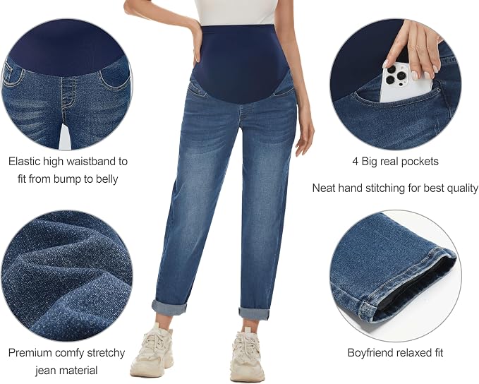 POSHGLAM Women's Maternity Jeans Over Belly Comfy Stretch 28'' Boyfriend Jeans - Image 2