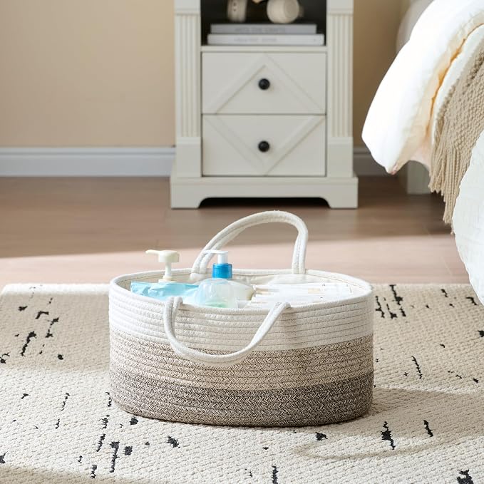 Baby Diaper Caddy Organizer, Large Cotton Rope Nursery Diaper Basket, Changing - Image 3