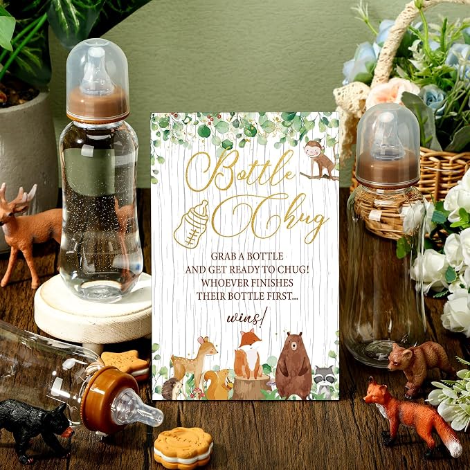 TrelaCo Woodland Animal Cool Baby Shower Games Bottle Chug Sign Wooden Woodland - Image 2