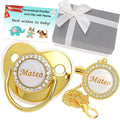 Personalized Pacifier with Name, Bling Gold Pacifier Clip Set with Gift Box by Munchewy