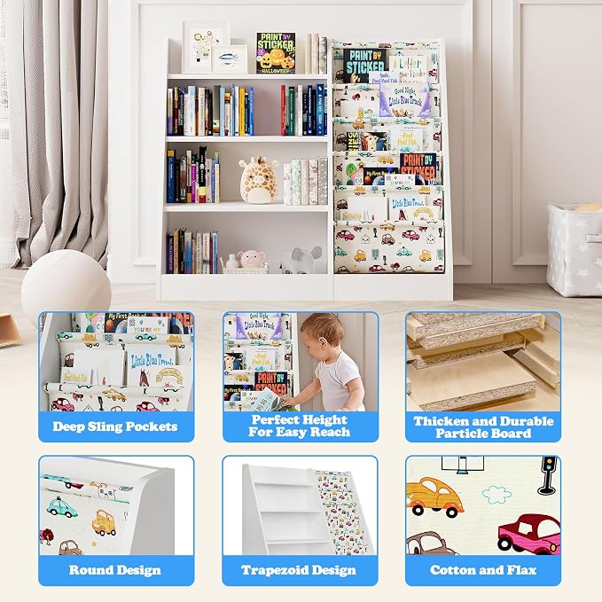 4 Tier Kids Wooden Bookshelf, Five Layer Sling Bookcase, Baby Storage Book Rack - Image 4