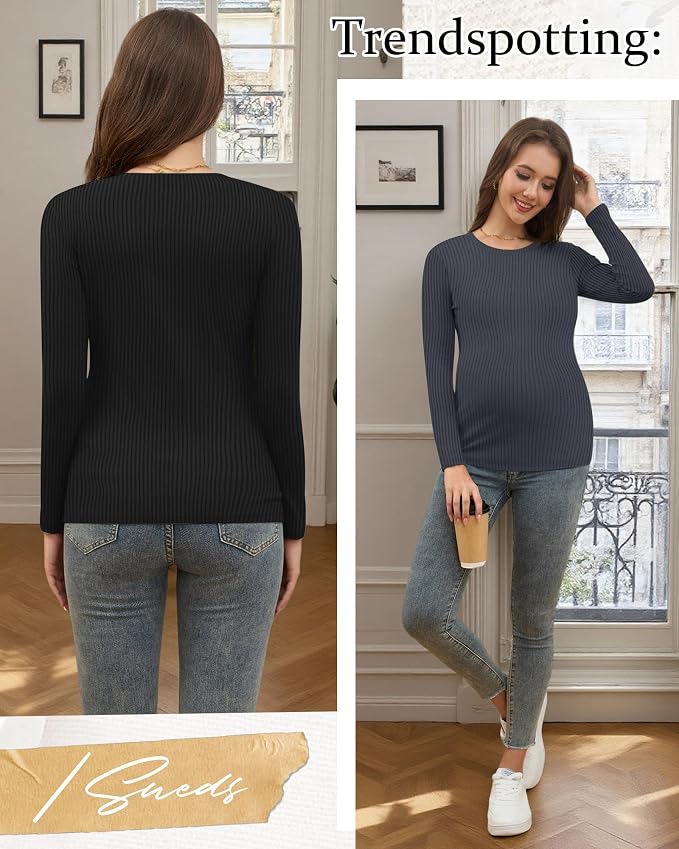 Riyiper 3 Pack Women's Maternity Shirts Long Sleeve Ribbed Knit Pregnancy Tees - Image 4