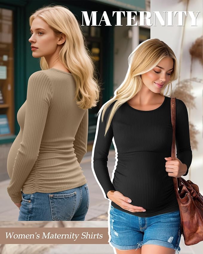 Huukeay 4 Pack Women's Maternity Shirts, Long Sleeve Cotton Ribbed Pregnancy - Image 2