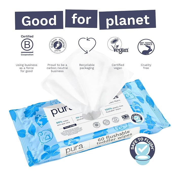 Pura Flushable Toddler Wipes 10 x 60 Wipes, 100% Plastic Free, 99% Water - Image 3