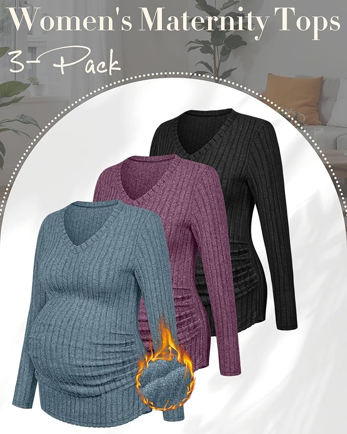 Ficerd 3 Pack Women's Maternity Shirts Ribbed Long Sleeve Pregnancy Tops V Neck - Image 3