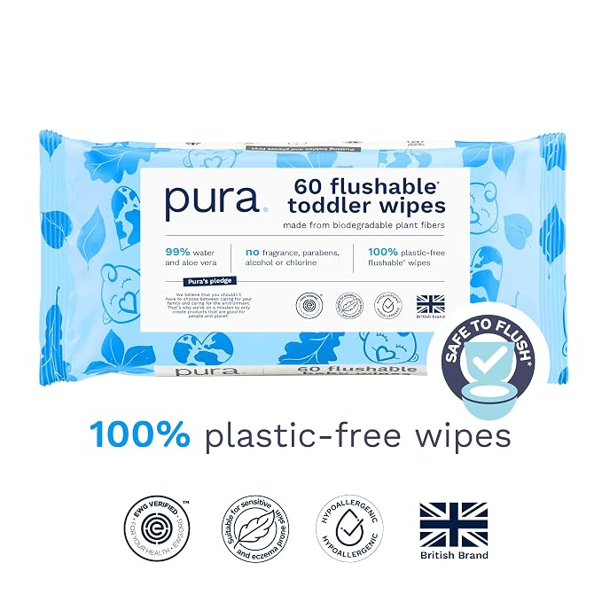 Pura Flushable Toddler Wipes 1 x 60 Wipes, 100% Plastic Free, 99% Water - Image 2