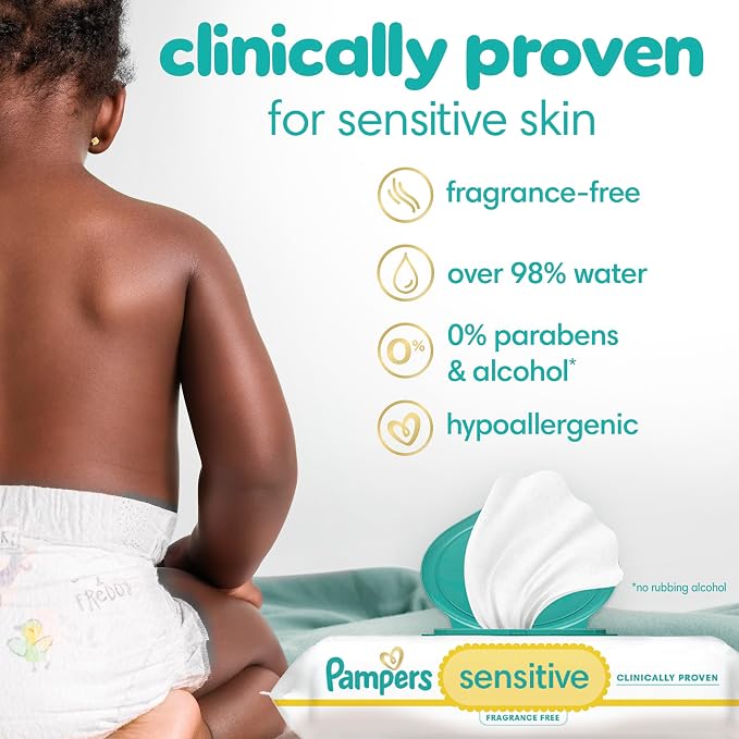 Pampers Baby Wipes Sensitive, Water Based Hypoallergenic and Unscented 504 Total - Image 2