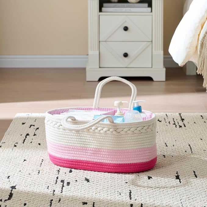 luxury little Diaper Caddy Organizer, Large Cotton Rope Nursery Basket - Image 5