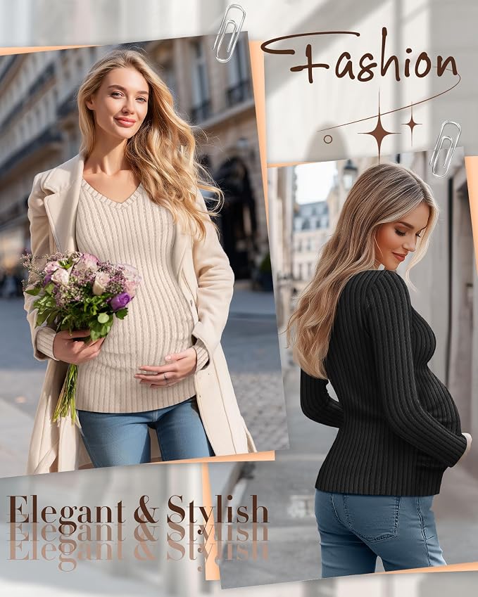 Ficerd 3 Pack Women's Maternity Shirts Ribbed Long Sleeve Pregnancy Tops V Neck - Image 2