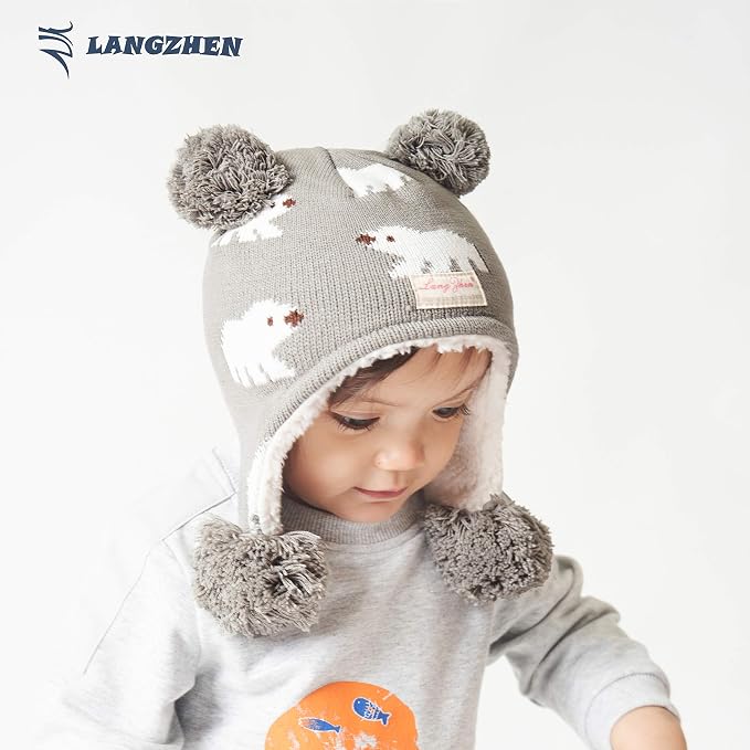 LANGZHEN Toddler Kids Infant Winter Hat, Earflap Knit Warm Cap Fleece Lined - Image 3