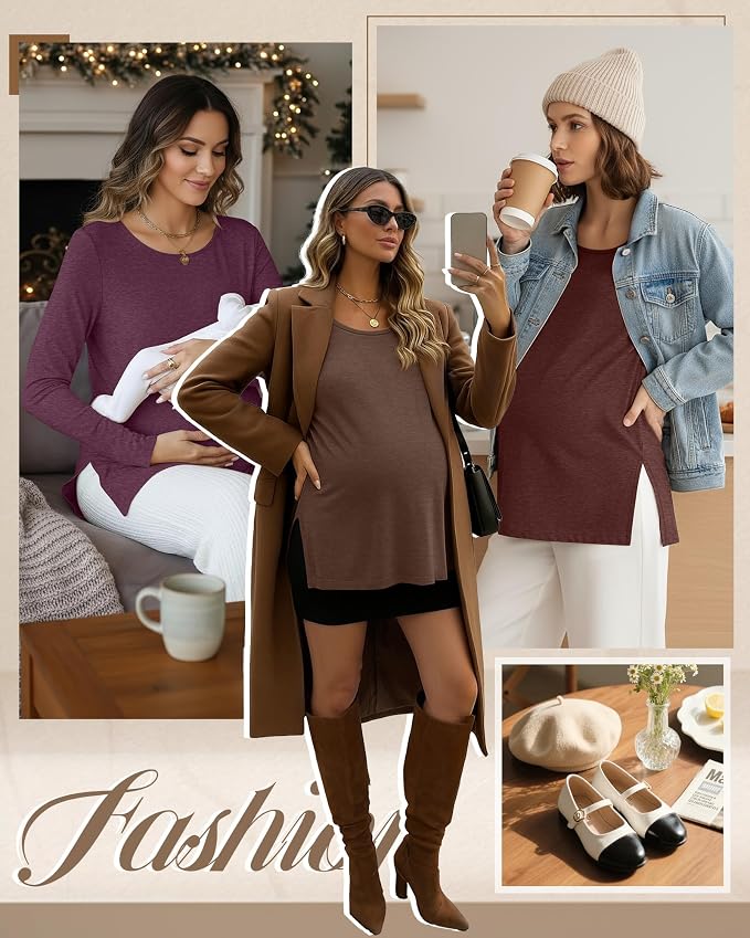 Riyiper 3 Pack Women's Maternity Long Sleeve T-Shirts Round Neck Side Split - Image 2