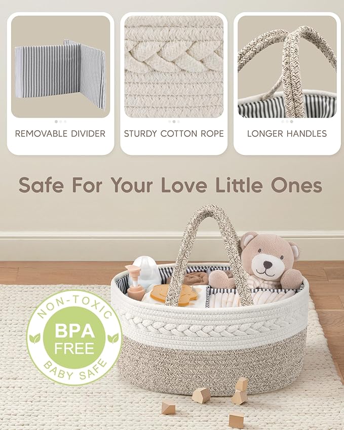 Maliton Diaper Caddy Organizer for Baby, Cotton Rope Baby Gift Basket, Portable - Image 3