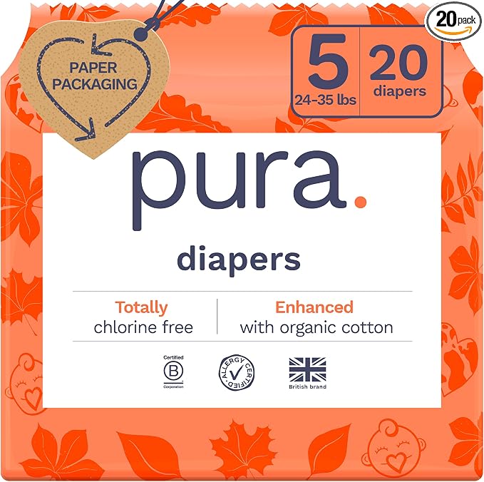 Pura Size 5 Eco-Friendly Diapers Totally Chlorine Free Hypoallergenic, Soft by MyPura