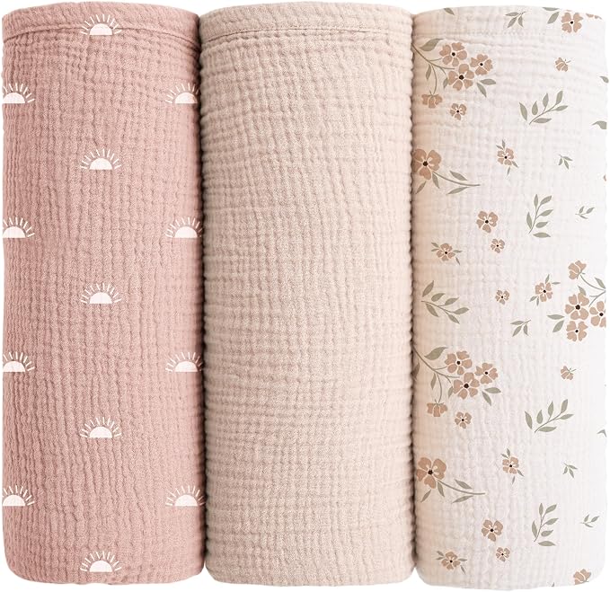 Konssy Muslin Swaddle Blankets for Baby Girls Boys, 3 Pack Receiving Blanket by Konssy