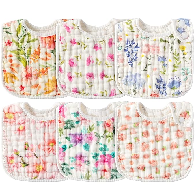 Zainpe 6Pcs Snap Muslin Cotton Baby Bibs Flowers Pattern Infants Feeding Bib by Zainpe