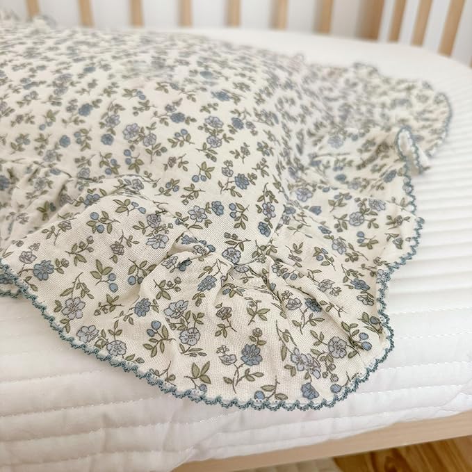 BuLuTu 2 Layers Muslin Cotton Toddler Pillowcase, Shabby Chic Blue Floral Print - Image 6