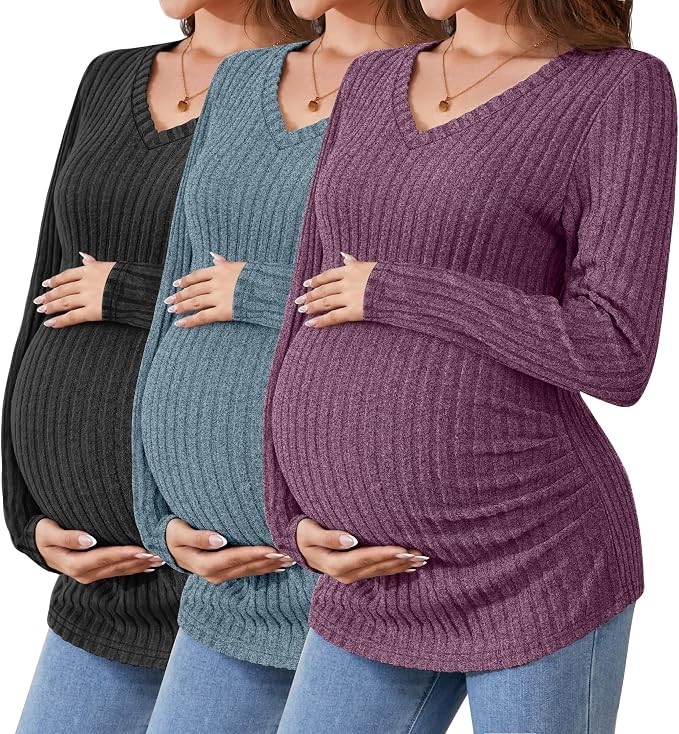 Ficerd 3 Pack Women's Maternity Shirts Ribbed Long Sleeve Pregnancy Tops V Neck by Ficerd