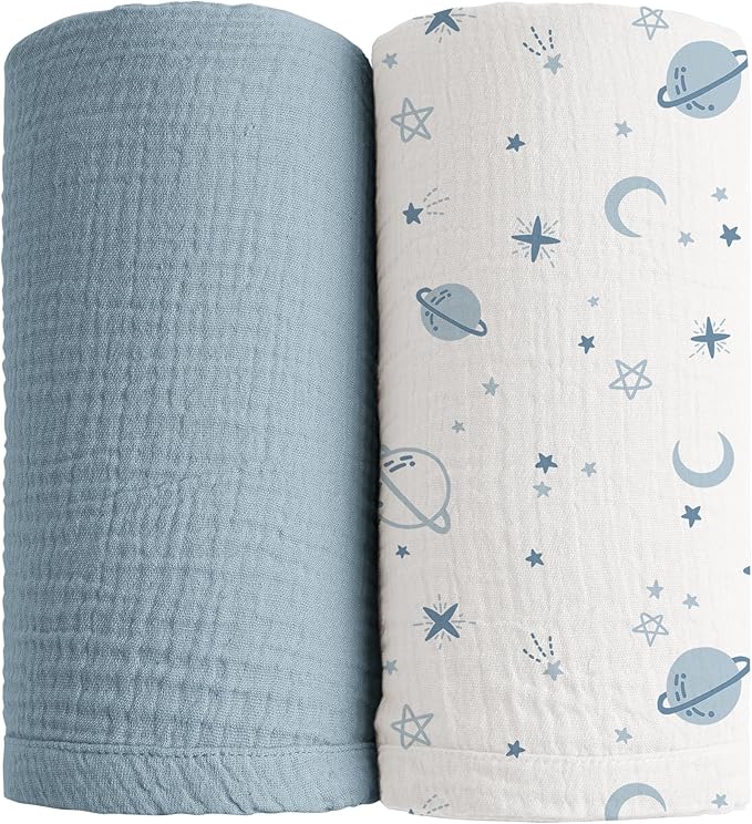 Konssy Muslin Swaddle Blankets for Boys Girls, 2 Pack Receiving Baby Blanket by Konssy