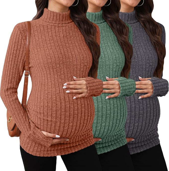 3 Pack Maternity T-Shirts Pregnancy Tops Women Sweater Long Sleeve Turtleneck by Sweetyweee