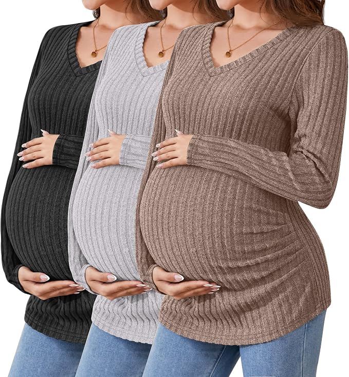 Ficerd 3 Pack Women's Maternity Shirts Ribbed Long Sleeve Pregnancy Tops V Neck by Ficerd