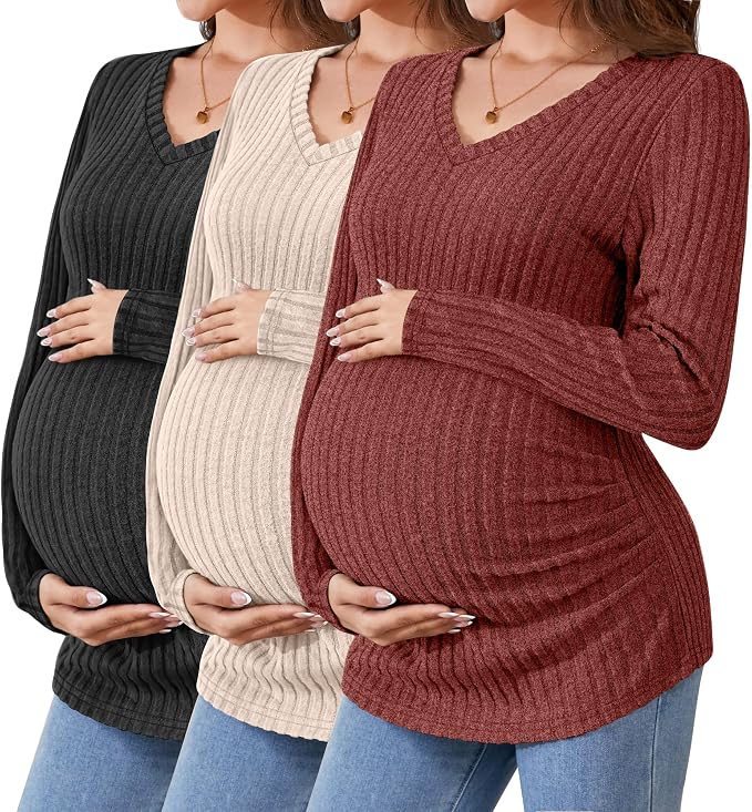 Ficerd 3 Pack Women's Maternity Shirts Ribbed Long Sleeve Pregnancy Tops V Neck by Ficerd