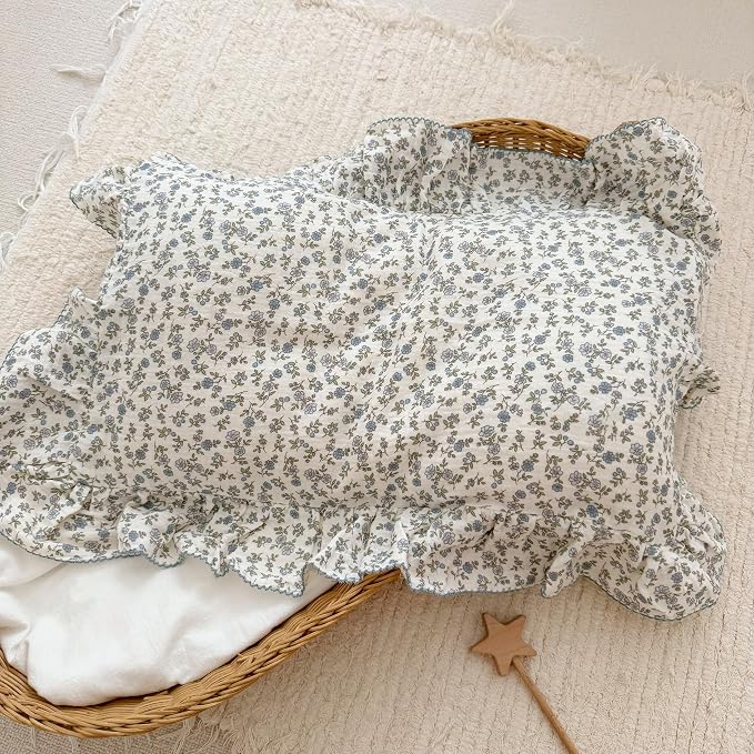 BuLuTu 2 Layers Muslin Cotton Toddler Pillowcase, Shabby Chic Blue Floral Print - Image 7