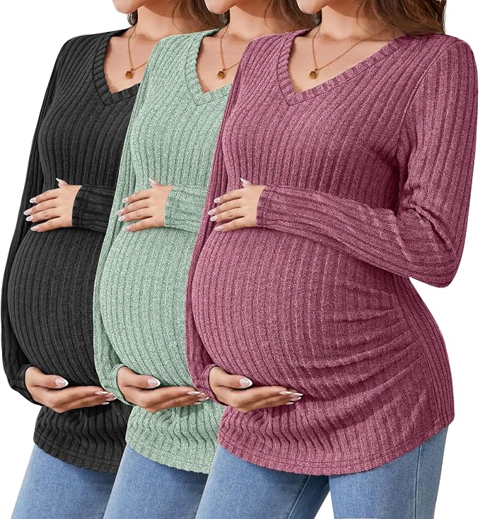 Ficerd 3 Pack Women's Maternity Shirts Ribbed Long Sleeve Pregnancy Tops V Neck by Ficerd